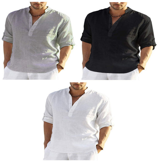 Casual Cotton Linen Loose Stand Collar Shirt