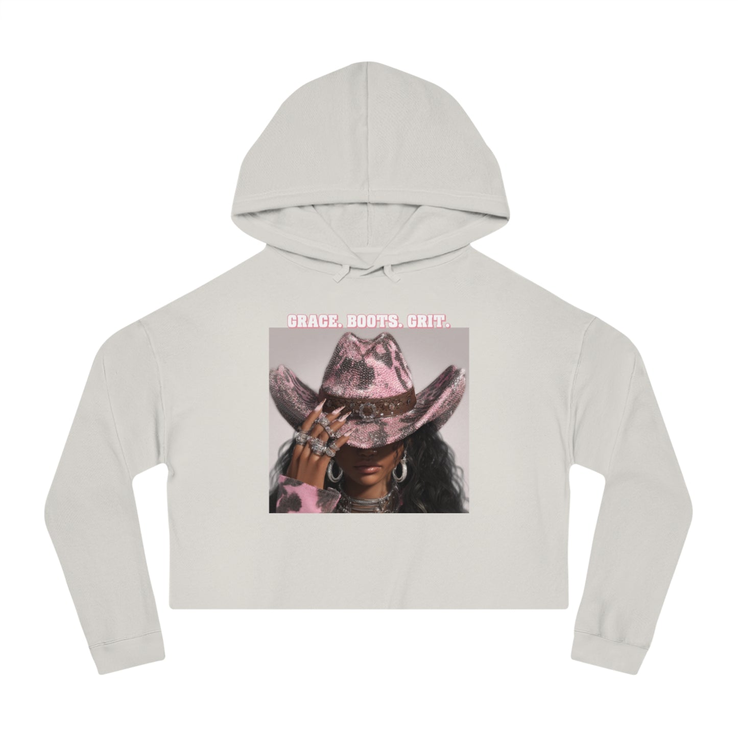 Light gray cropped hoodie with a horse wearing a pink cowboy hat graphic and text on a white background