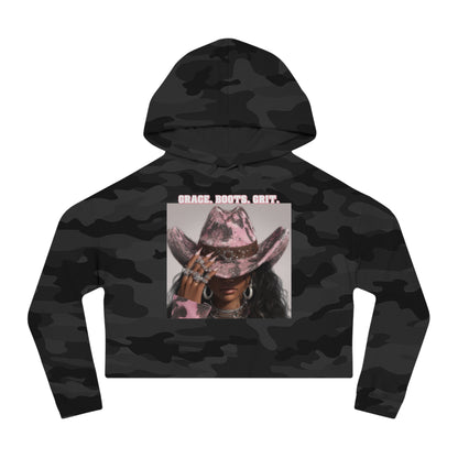 Black camouflage hoodie with a graphic of a horse wearing a cowboy hat and text on a white background