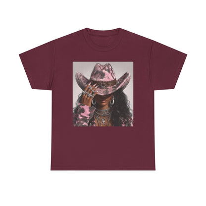Maroon t-shirt with a graphic of a person wearing a cowboy hat on a white background