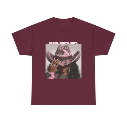 Maroon t-shirt with graphic of a person wearing a cowboy hat and text 'GRACE, BOOTS, Grit' on a white background