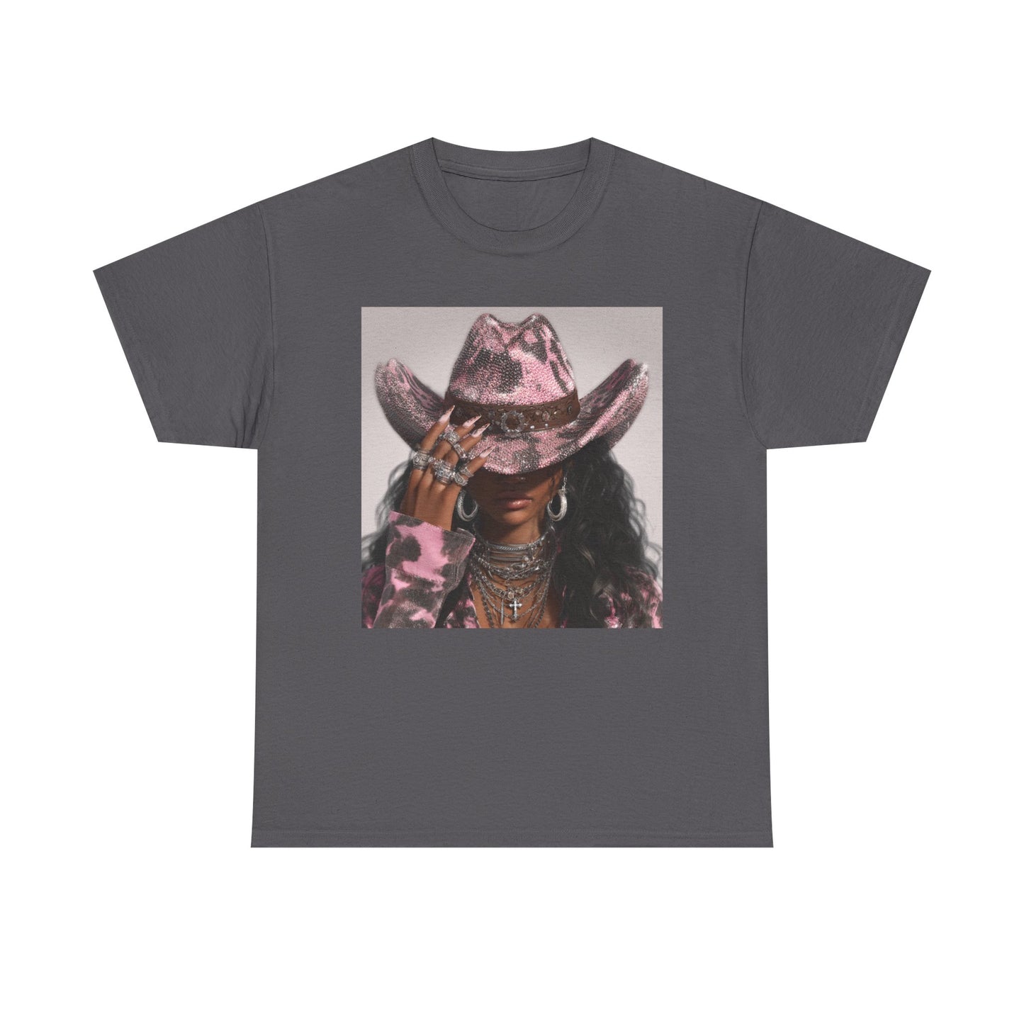 Gray t-shirt with a graphic of a person wearing a cowboy hat on a white background