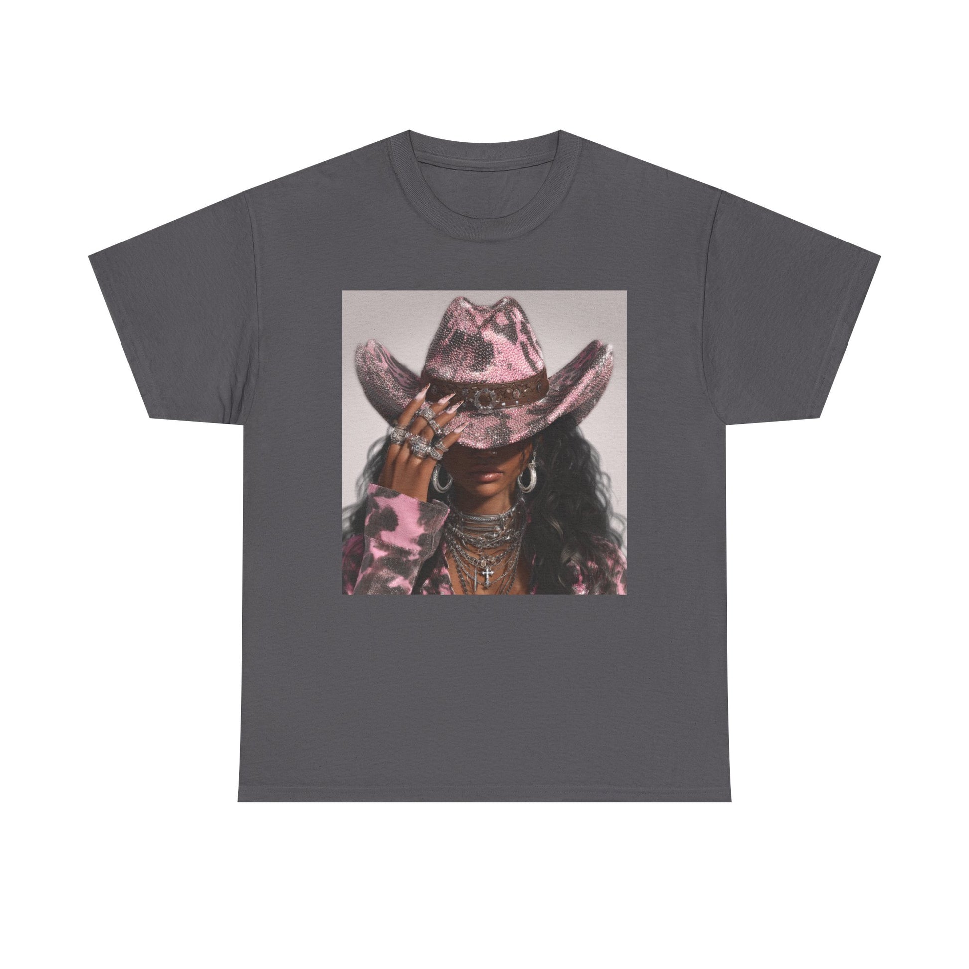 Gray t-shirt with a graphic of a person wearing a cowboy hat on a white background