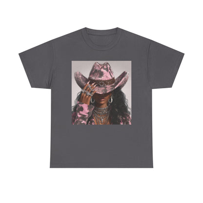 Gray t-shirt with a graphic of a person wearing a cowboy hat on a white background