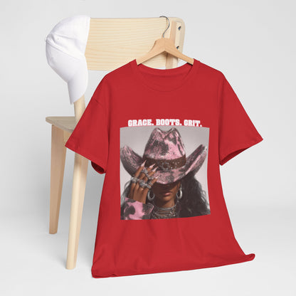 Red t-shirt with graphic design and text on a wooden chair against a white background