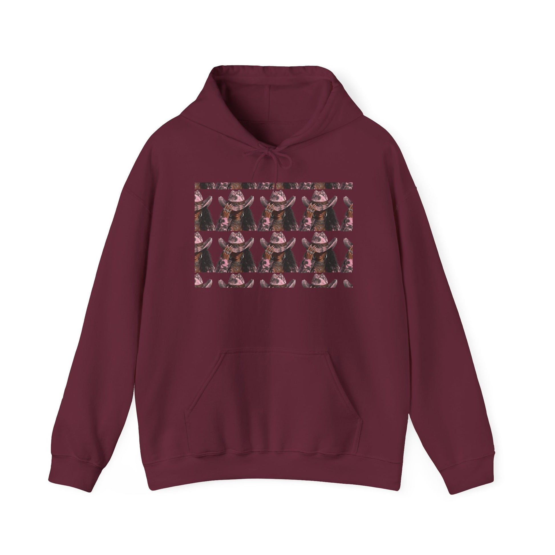 Maroon hoodie with a graphic design on a white background