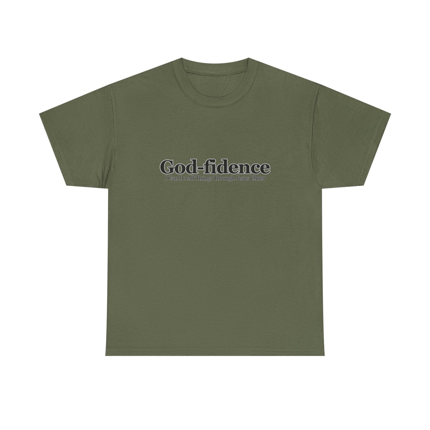 Green t-shirt with 'God-fidence' text on a white background