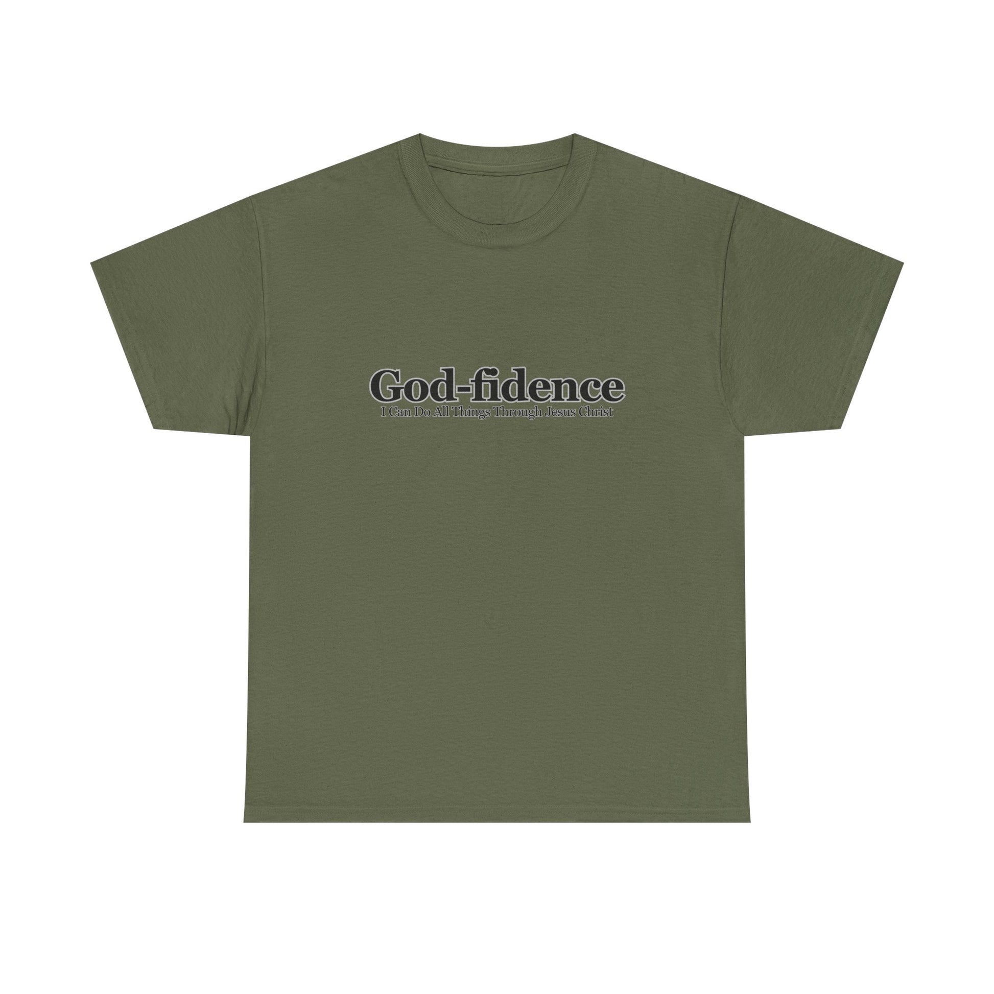 Green t-shirt with 'God-fidence' text on a white background