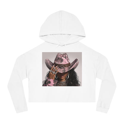White hoodie with a graphic of a person wearing a pink cowboy hat on a white background