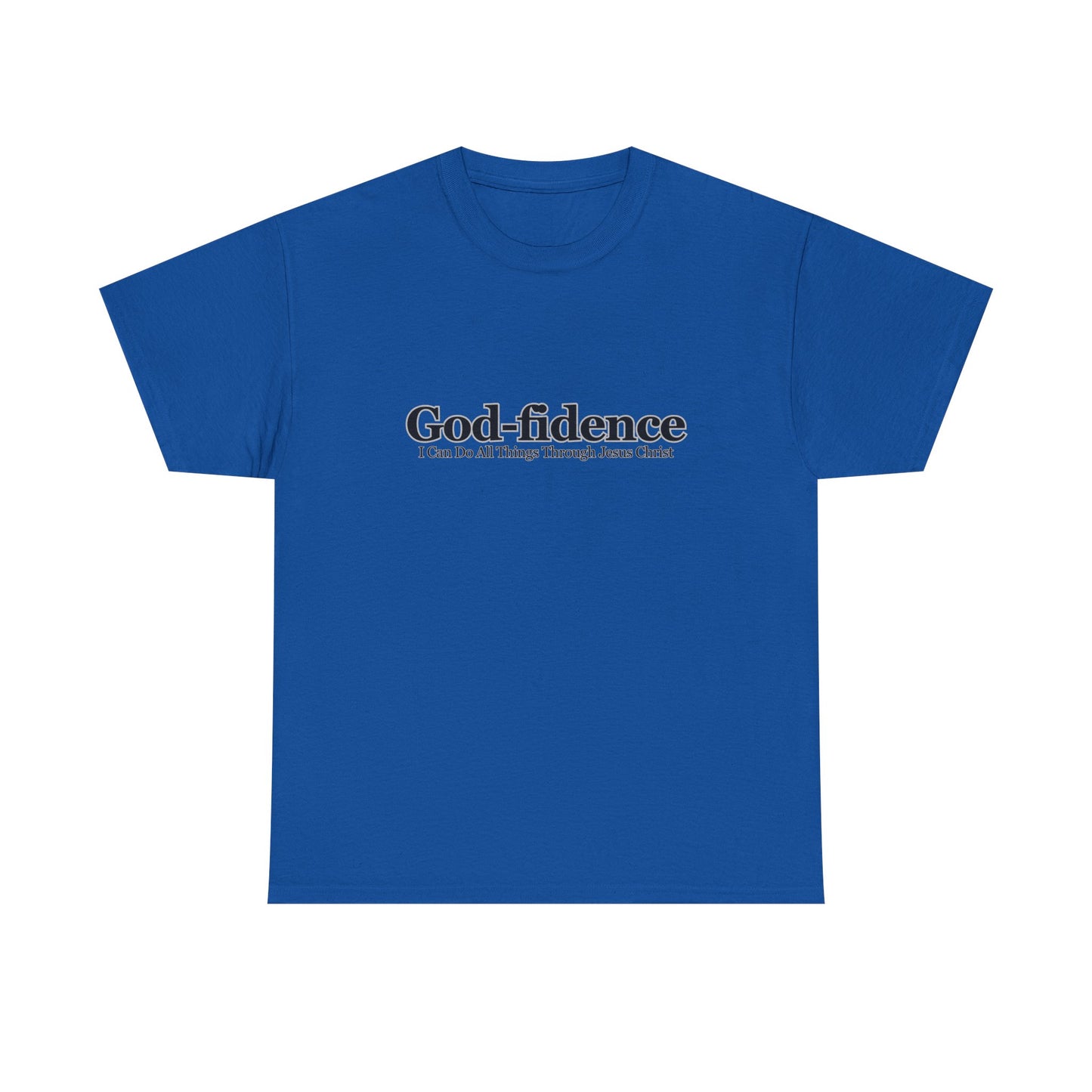 Blue t-shirt with 'God-fidence' text on a white background