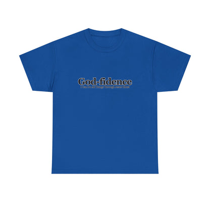 Blue t-shirt with 'God-fidence' text on a white background