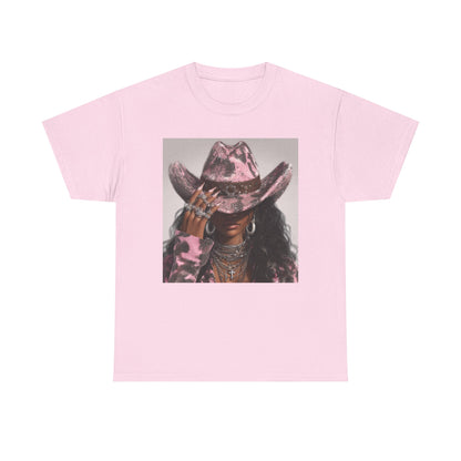 Pink t-shirt with a graphic of a person wearing a cowboy hat on a white background