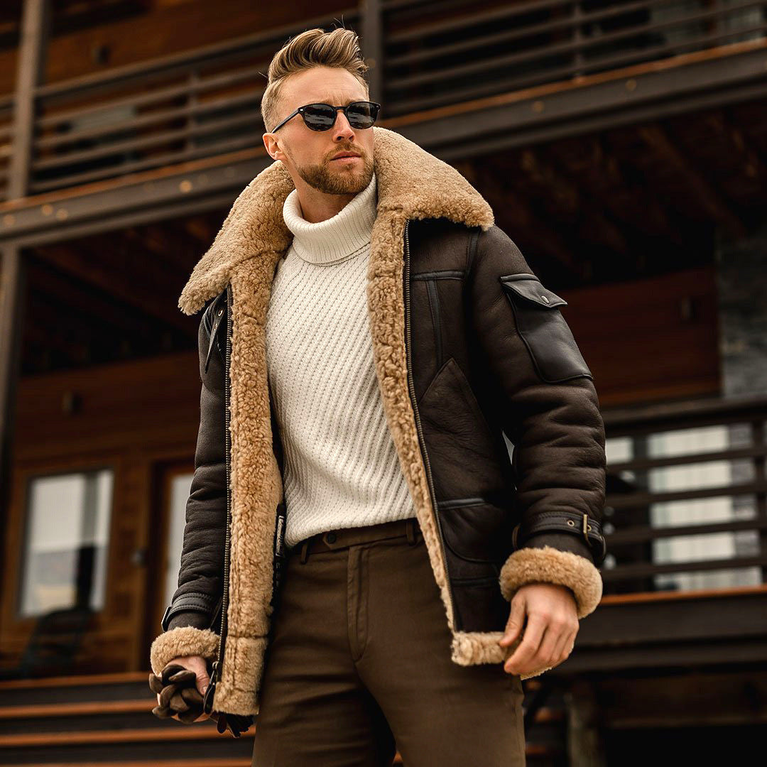 Winter Fleece Shearling Mens Bomber Jacket