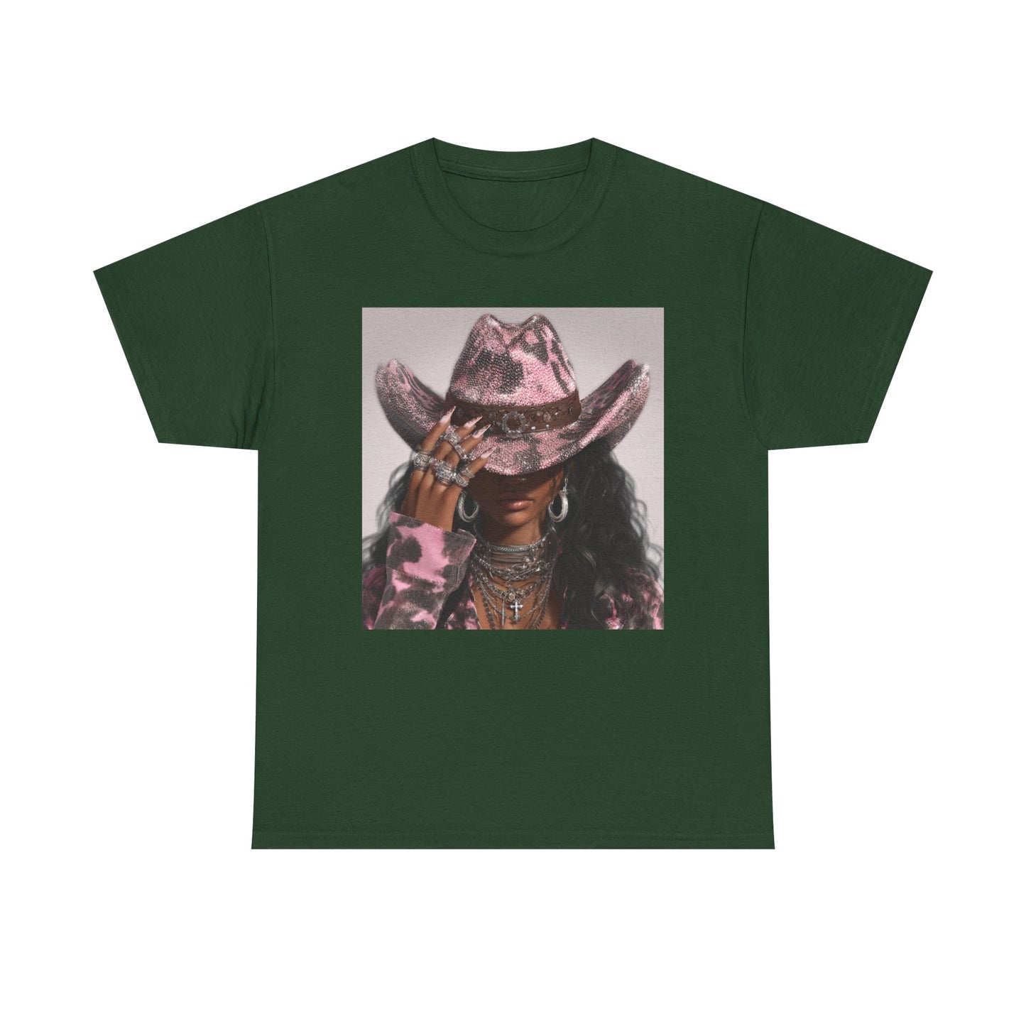 Green t-shirt with a graphic of a person wearing a pink cowboy hat on a white background