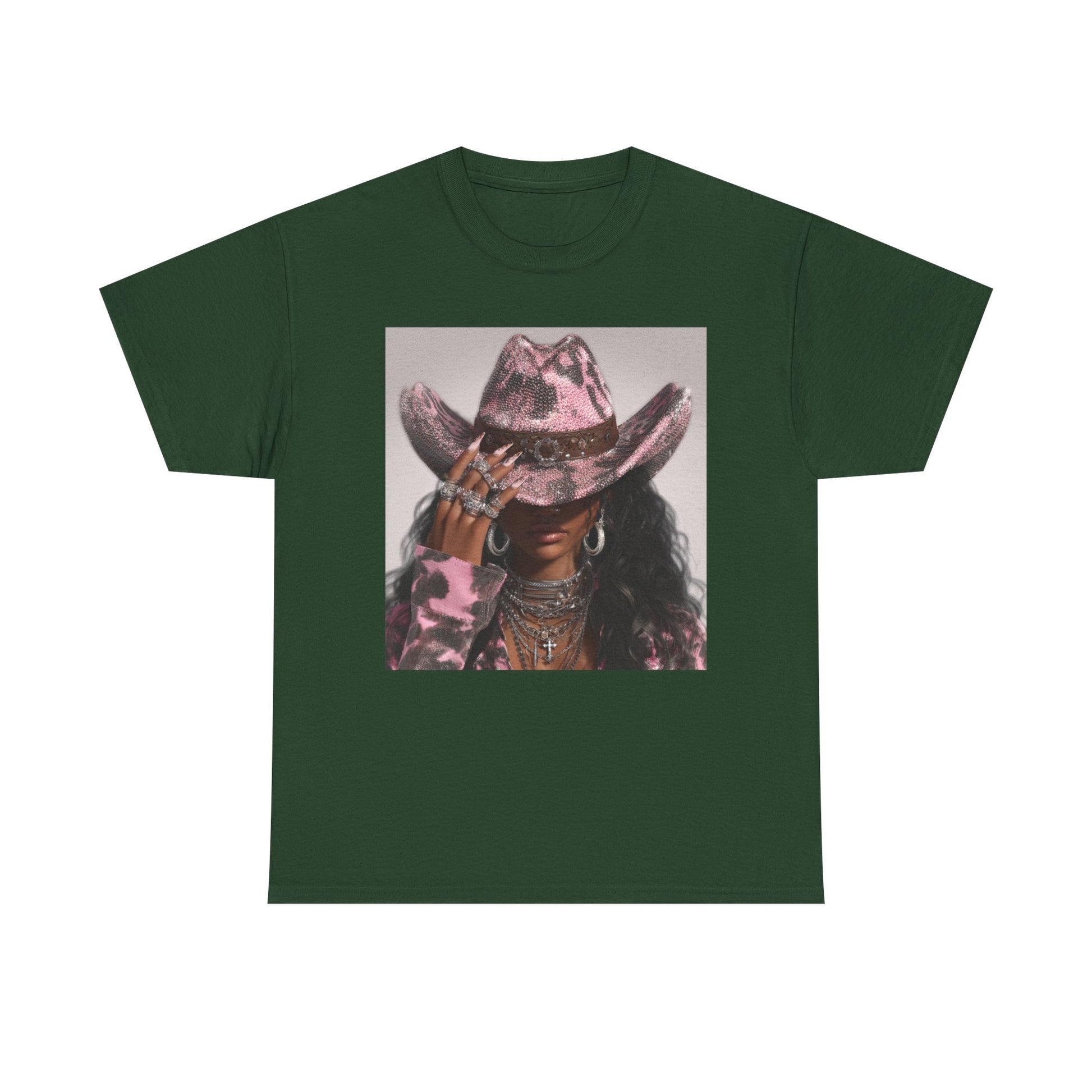 Green t-shirt with a graphic of a person wearing a pink cowboy hat on a white background