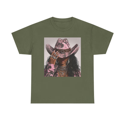 Green t-shirt with a graphic of a person wearing a cowboy hat on a white background