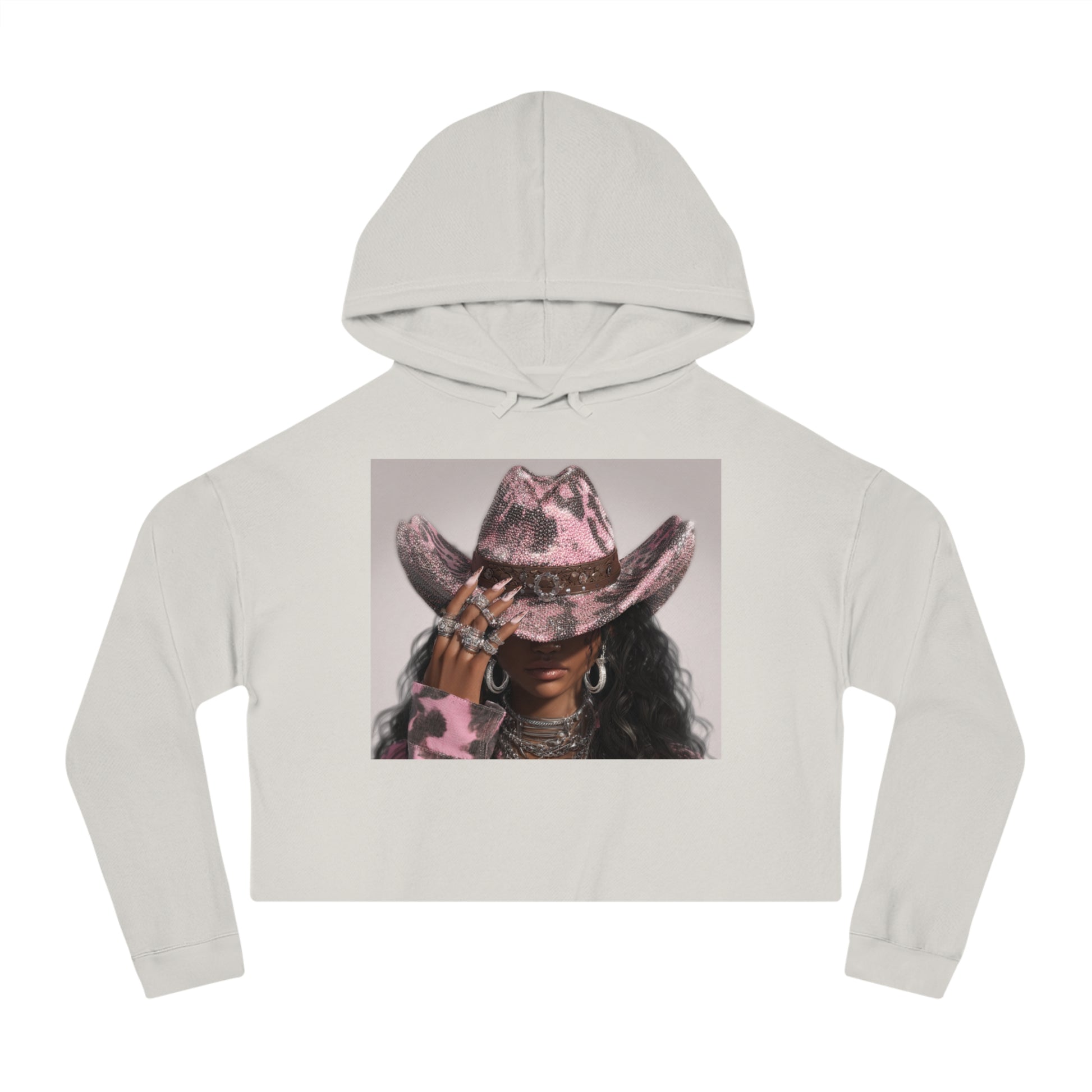 Light gray cropped hoodie with a graphic of a person wearing a pink cowboy hat on a white background