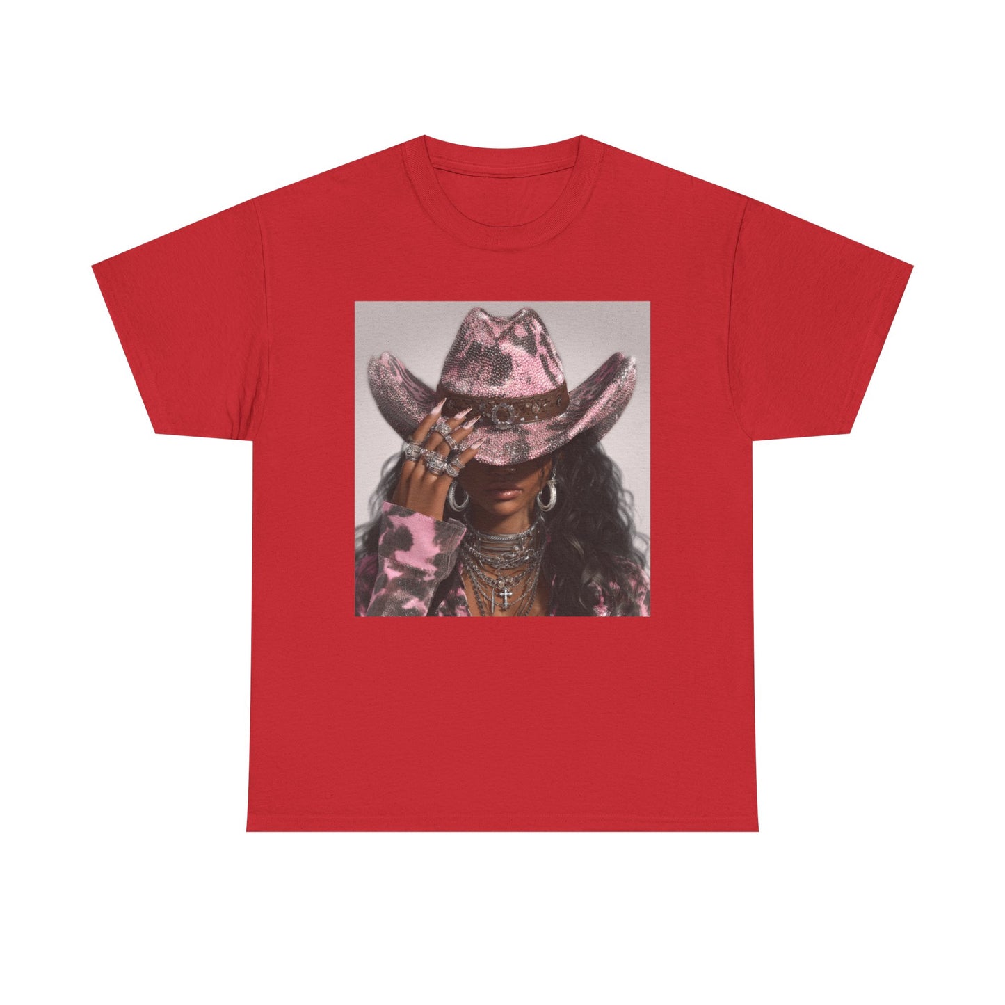 Red t-shirt with a graphic of a person wearing a pink cowboy hat on a white background