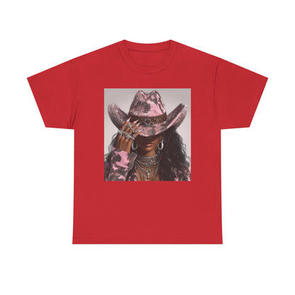 Red t-shirt with a graphic of a person wearing a pink cowboy hat on a white background