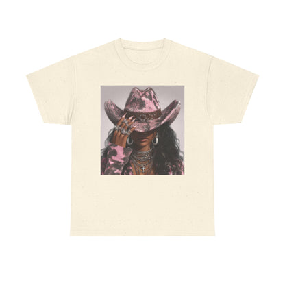 Beige t-shirt with a graphic of a person wearing a cowboy hat on a white background