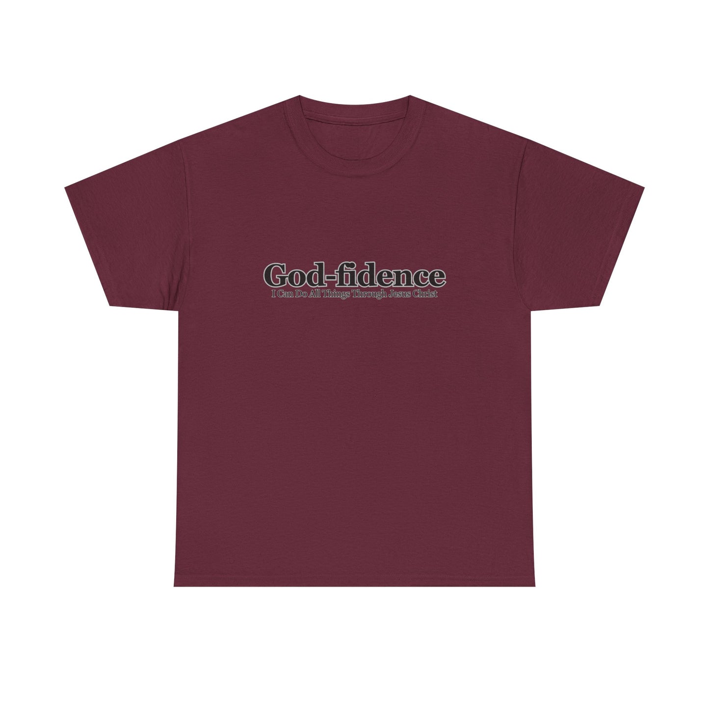Maroon t-shirt with 'God-fidence' text on a white background