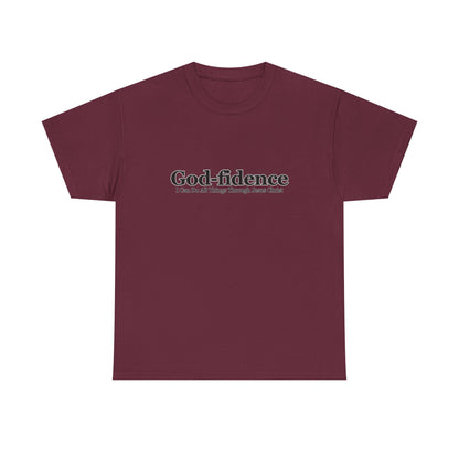 Maroon t-shirt with 'God-fidence' text on a white background