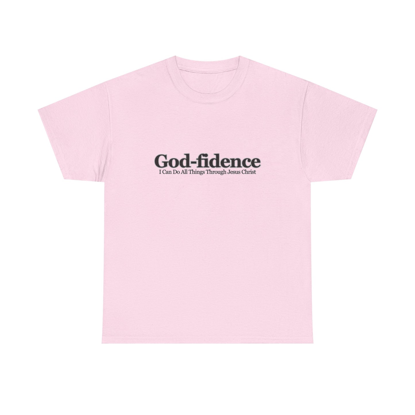 Pink crop top with 'God-fidence' text on a white background