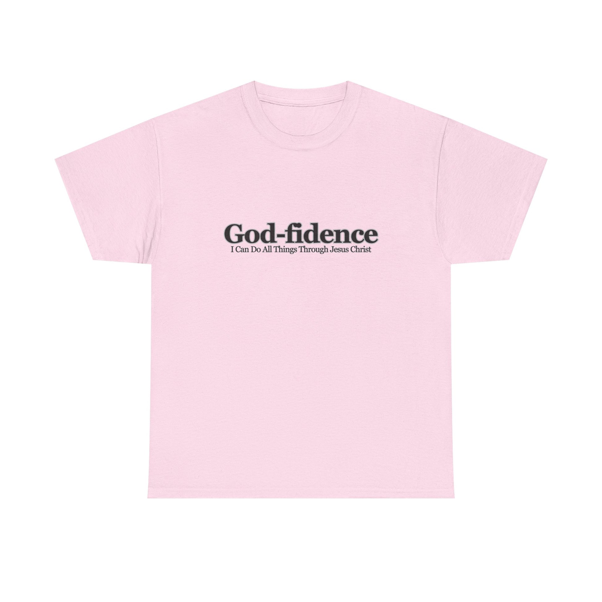 Pink crop top with 'God-fidence' text on a white background