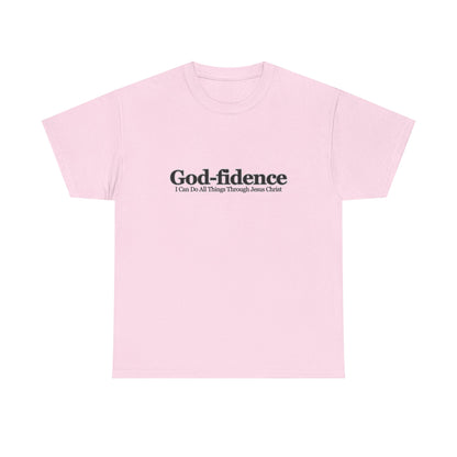 Pink crop top with 'God-fidence' text on a white background