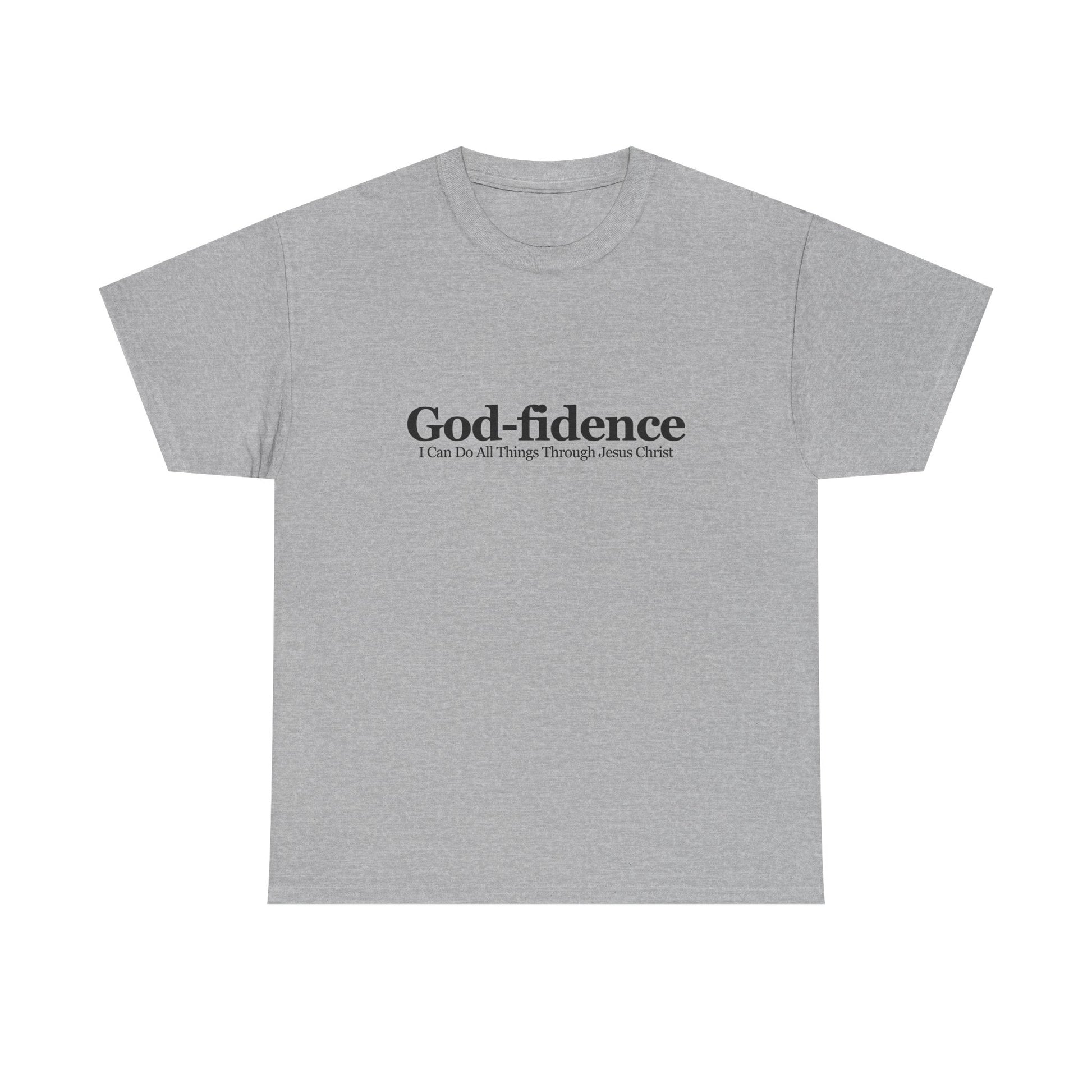 Gray t-shirt with 'God-fidence' text on a white background