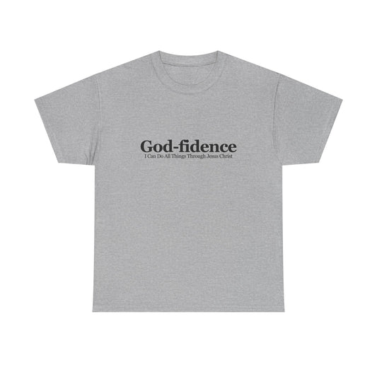 Gray t-shirt with 'God-fidence' text on a white background