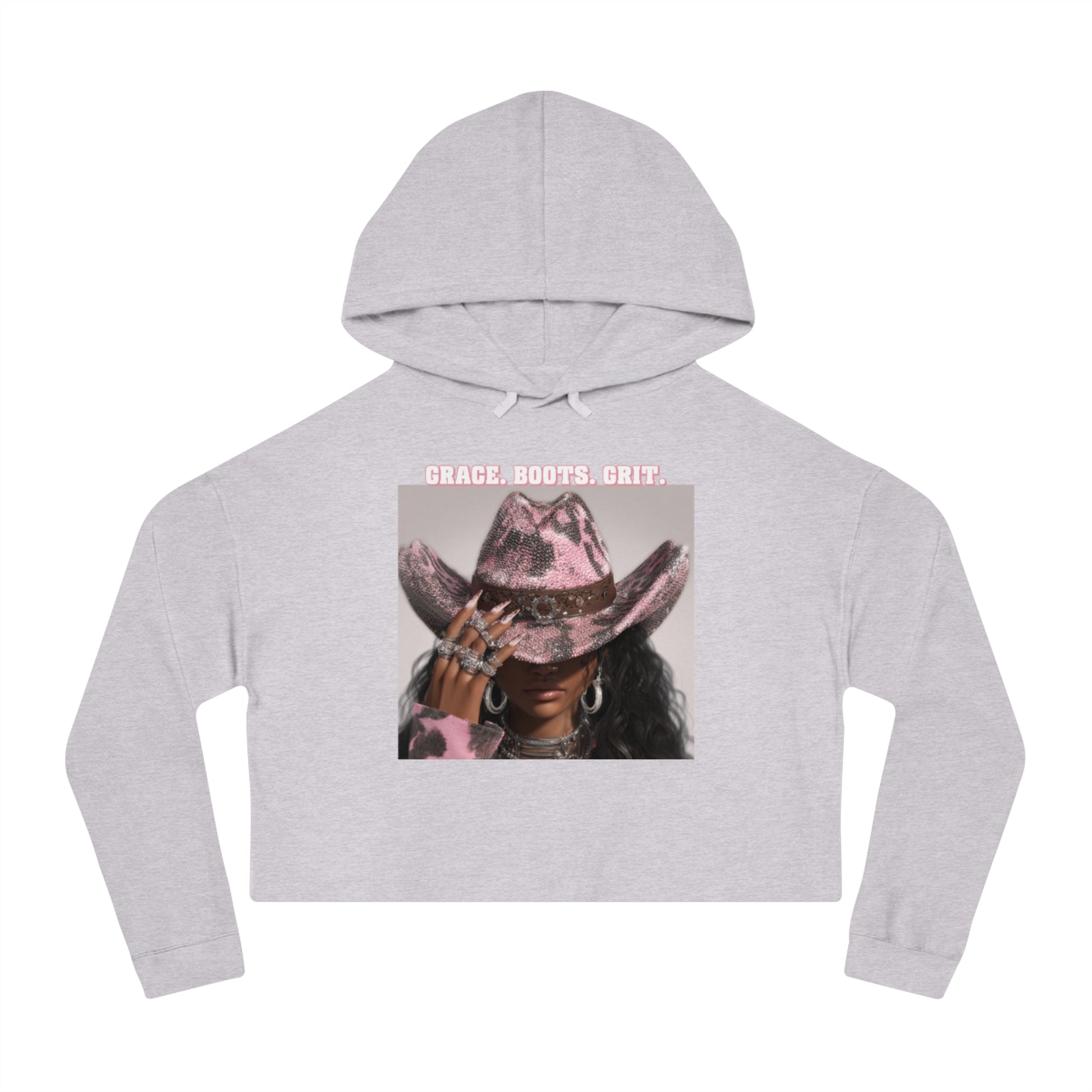 Gray cropped hoodie with a horse wearing a cowboy hat graphic and 'Grace, Boots, Grit' text on a white background.