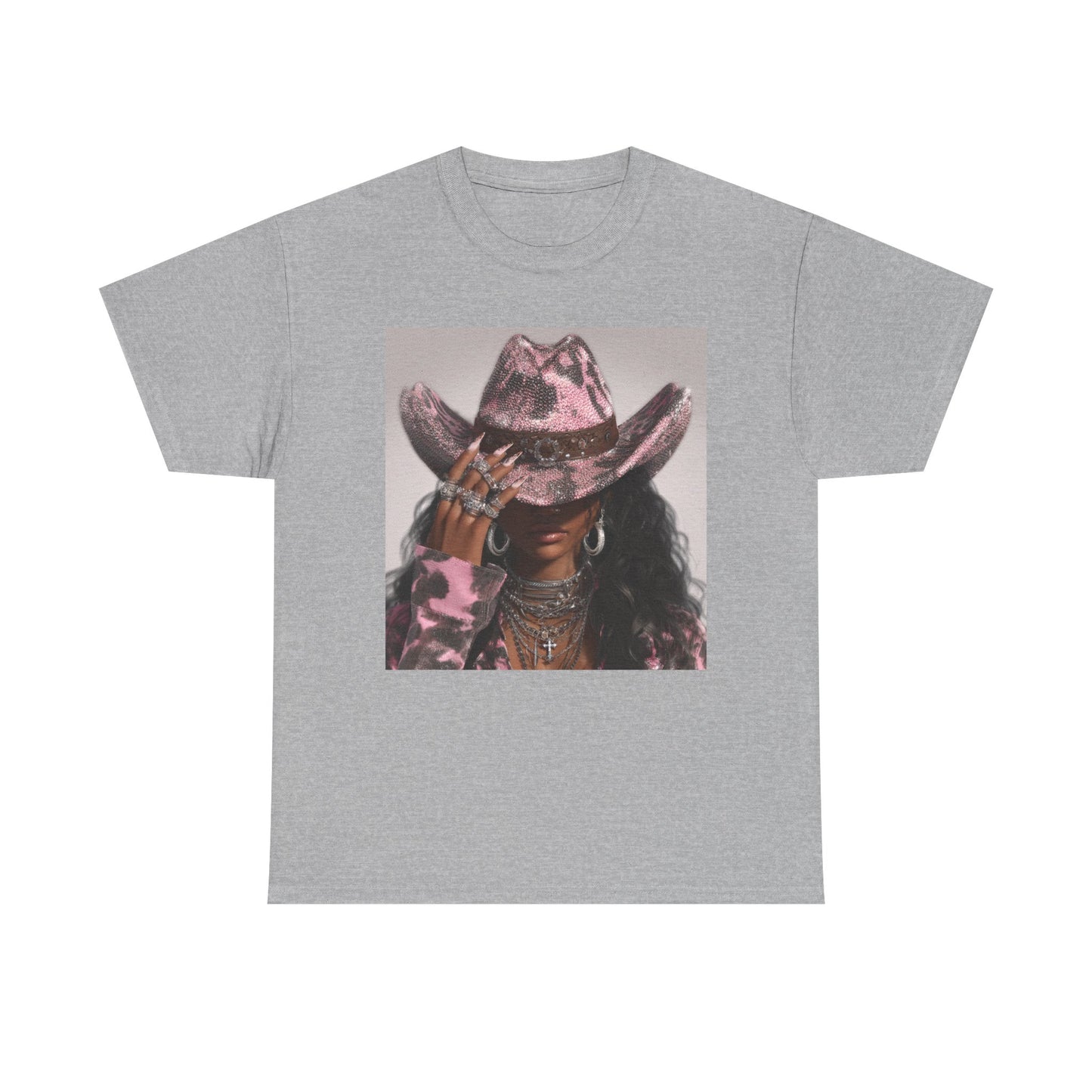 Gray t-shirt with a graphic of a person wearing a pink cowboy hat on a white background