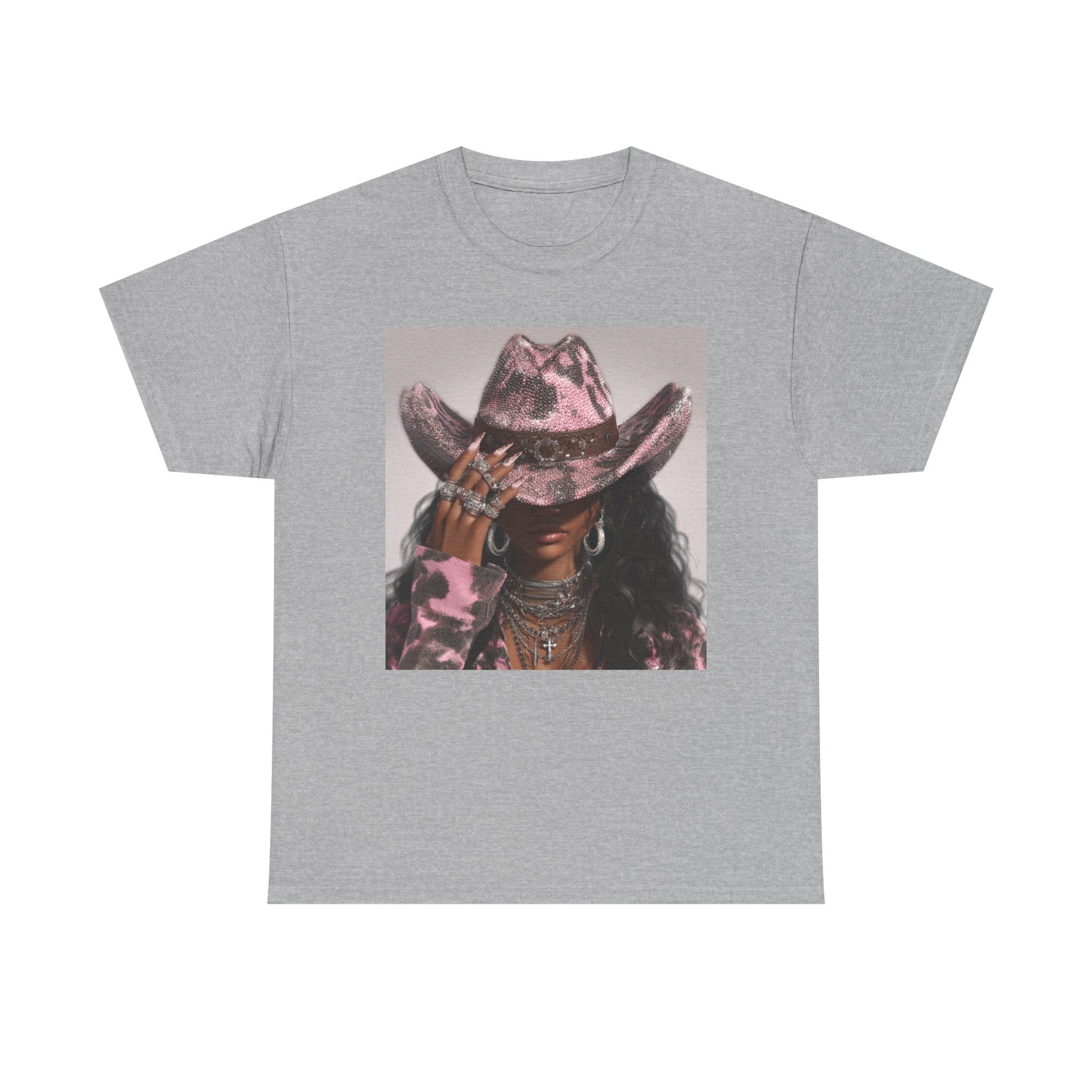 Gray t-shirt with a graphic of a person wearing a pink cowboy hat on a white background