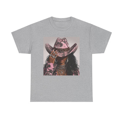 Gray t-shirt with a graphic of a person wearing a pink cowboy hat on a white background