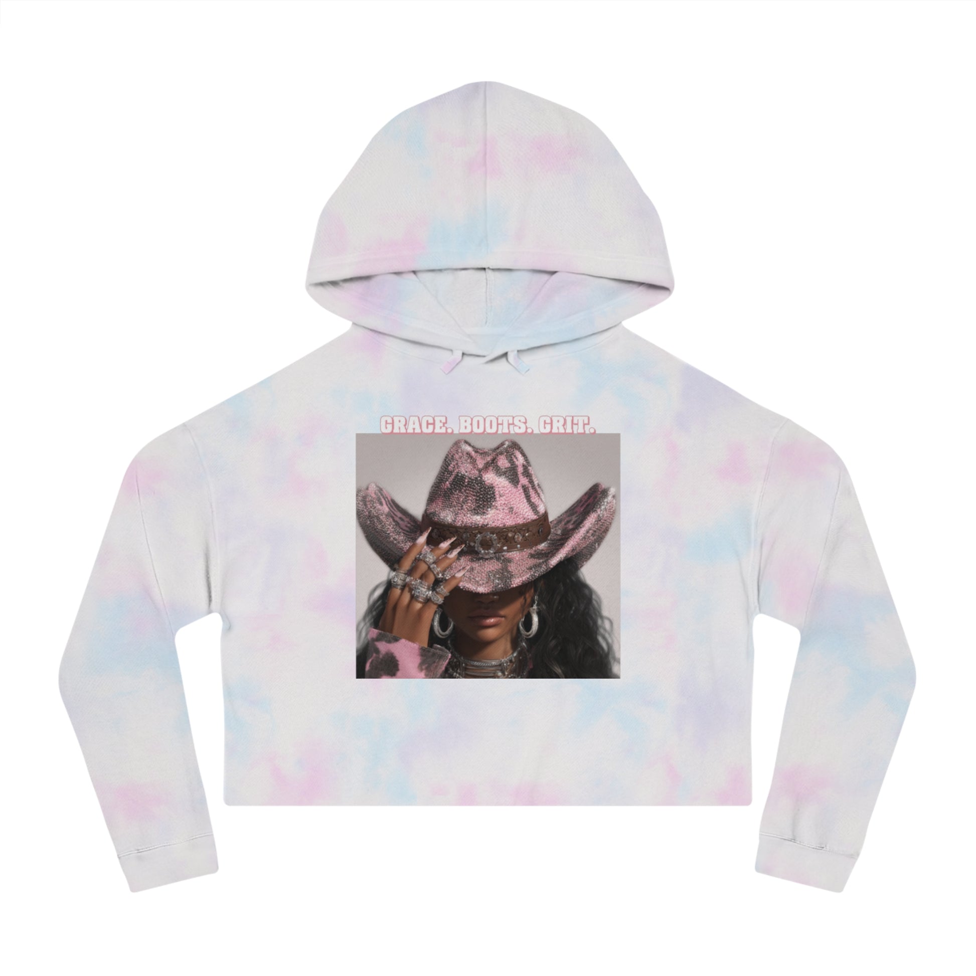 Tie-dye hoodie with a horse wearing a cowboy hat graphic on a white background