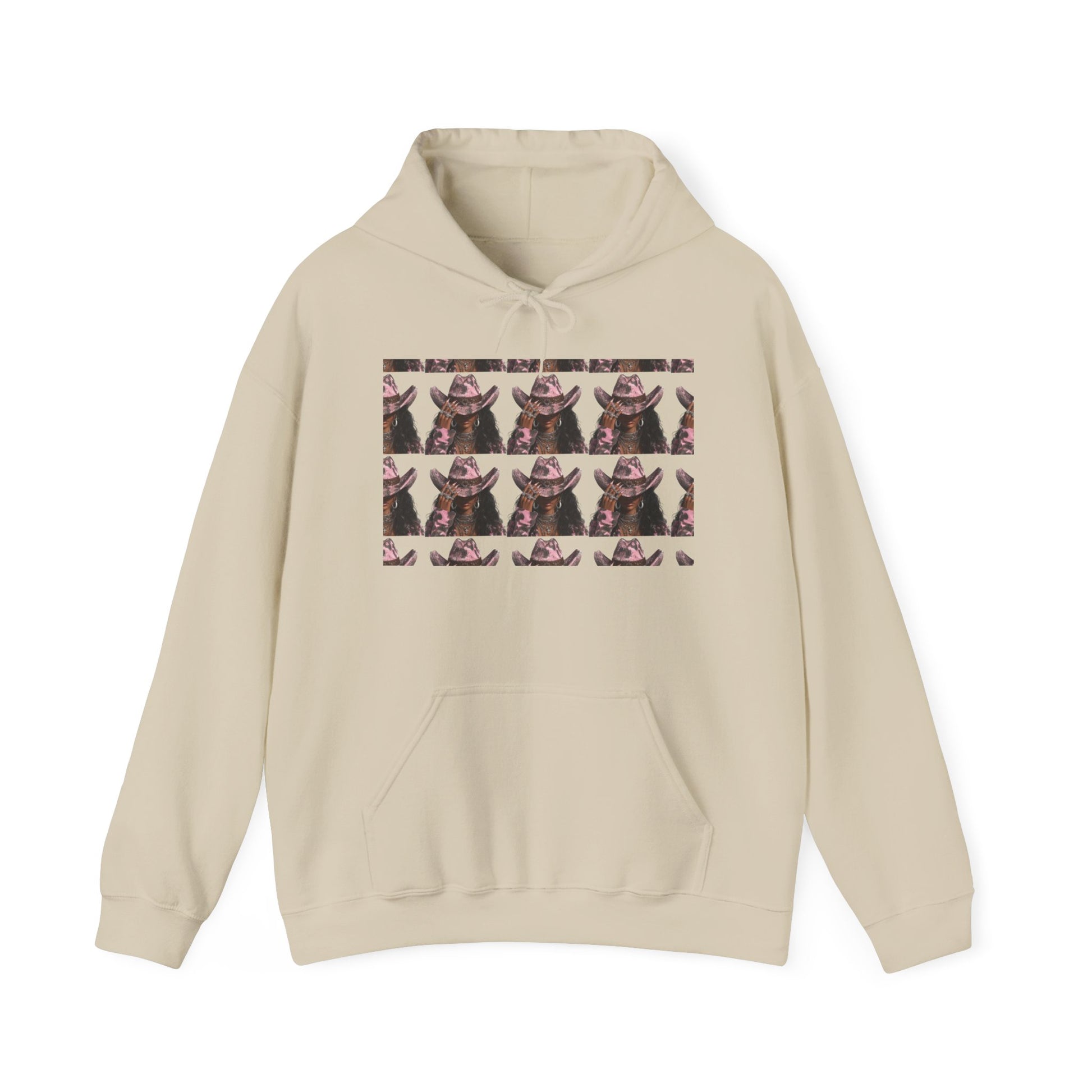 Beige hoodie with a graphic of a bear wearing a cowboy hat on a white background