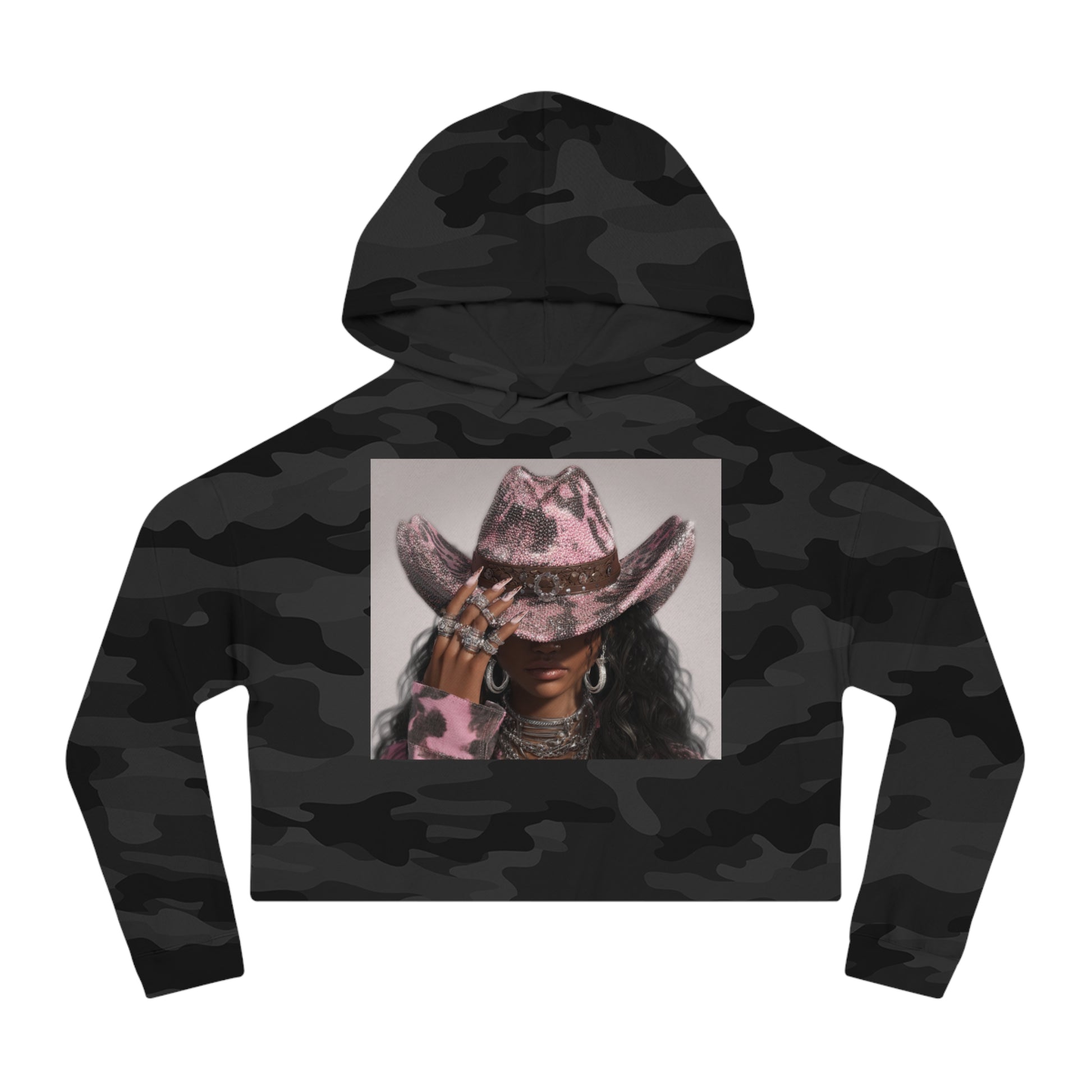 Black camouflage hoodie with a graphic of a person wearing a pink cowboy hat on a white background