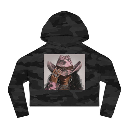 Black camouflage hoodie with a graphic of a person wearing a pink cowboy hat on a white background