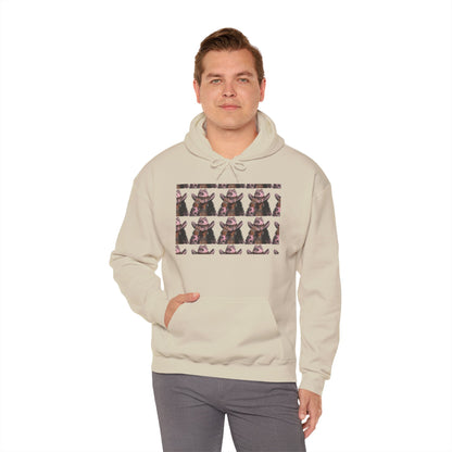 Man wearing a beige hoodie with a pattern on a white background