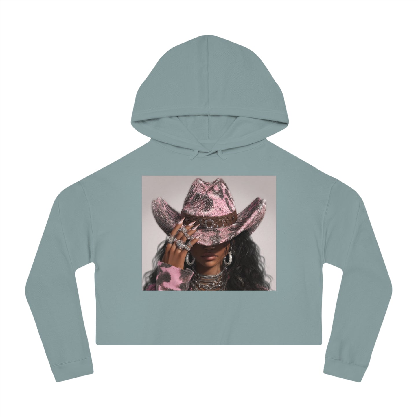 Light blue hoodie with a graphic of a person wearing a pink cowboy hat on a white background