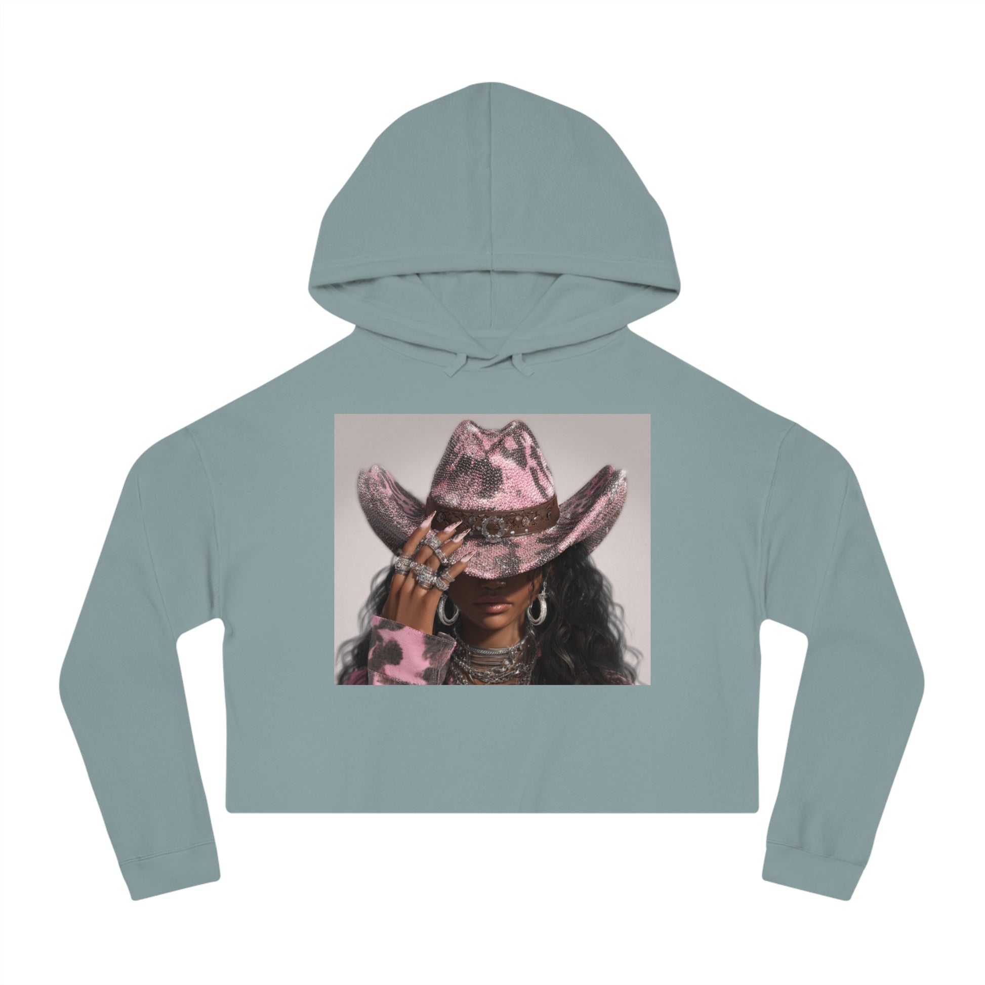 Light blue hoodie with a graphic of a person wearing a pink cowboy hat on a white background