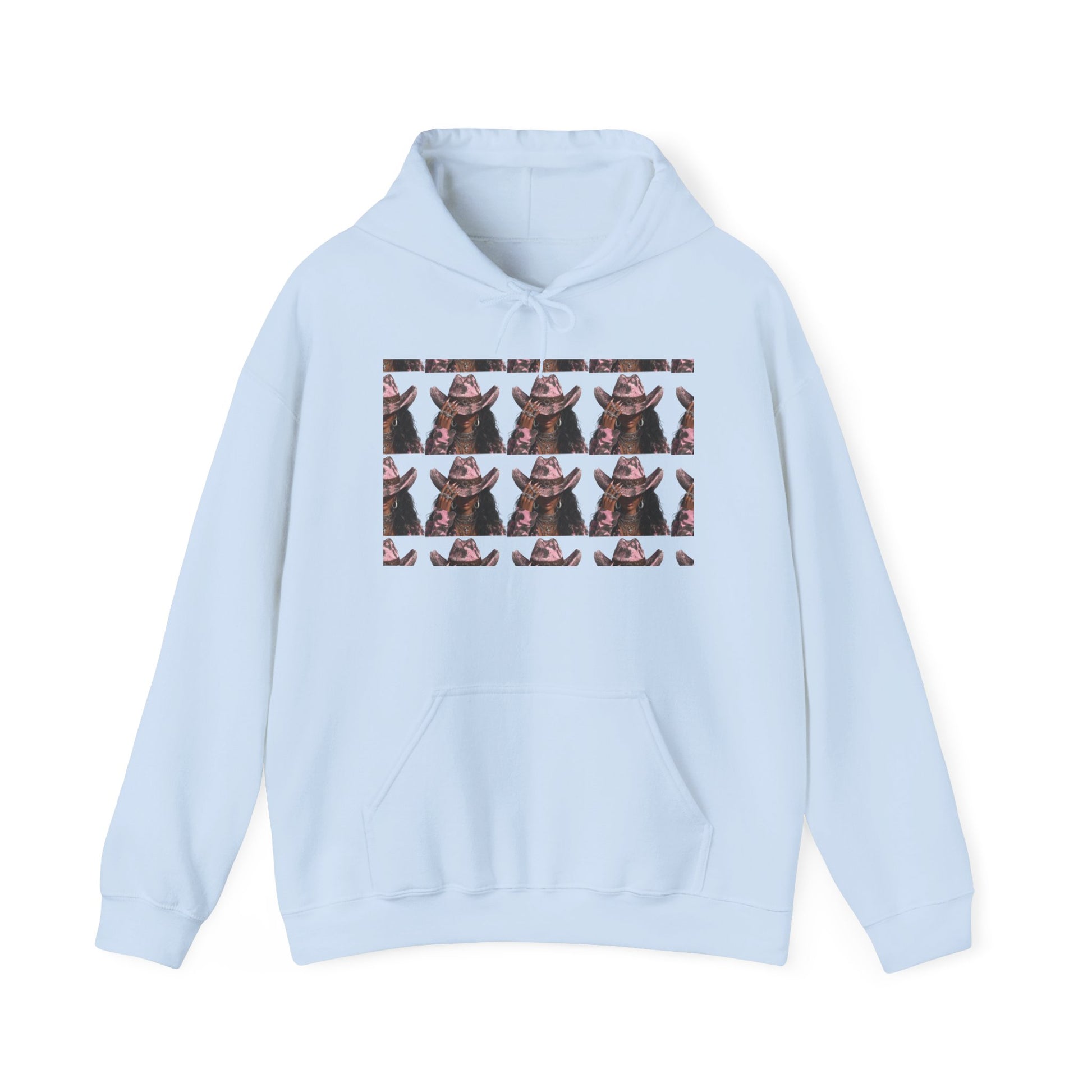 Light blue hoodie with a patterned design on a white background