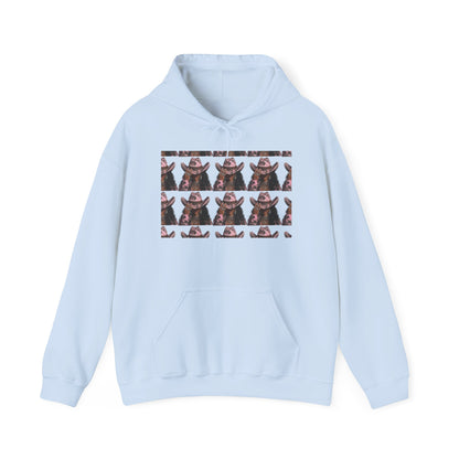 Light blue hoodie with a patterned design on a white background
