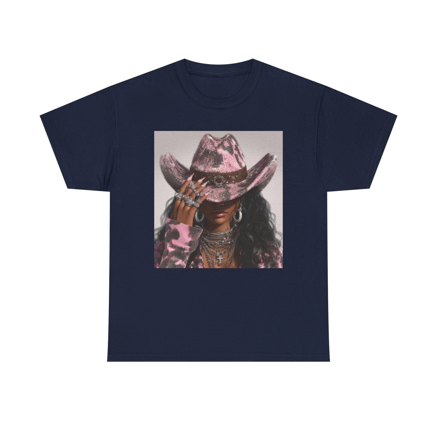 Navy blue t-shirt with a graphic of a person wearing a pink cowboy hat on a white background