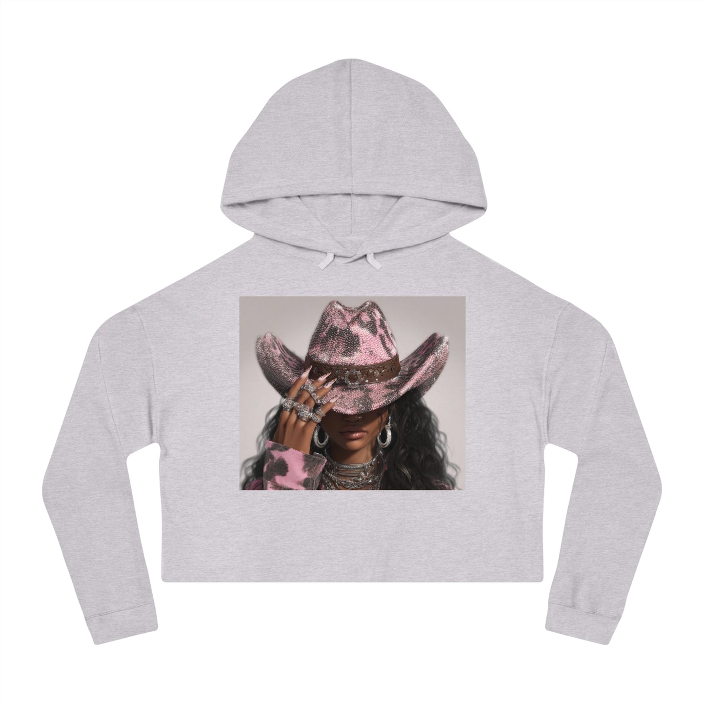 Gray cropped hoodie with a graphic of a person wearing a pink cowboy hat on a white background