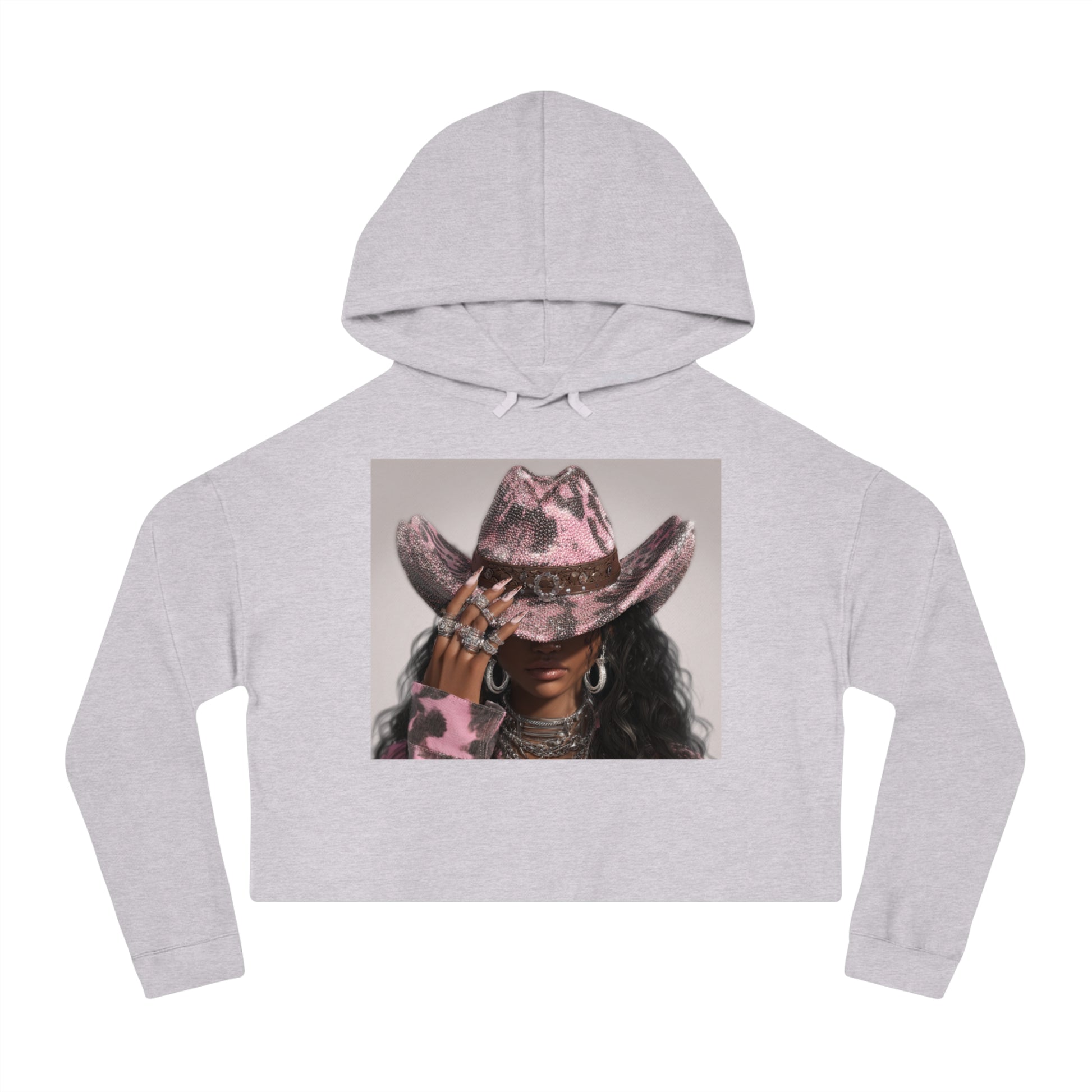 Gray cropped hoodie with a graphic of a person wearing a pink cowboy hat on a white background