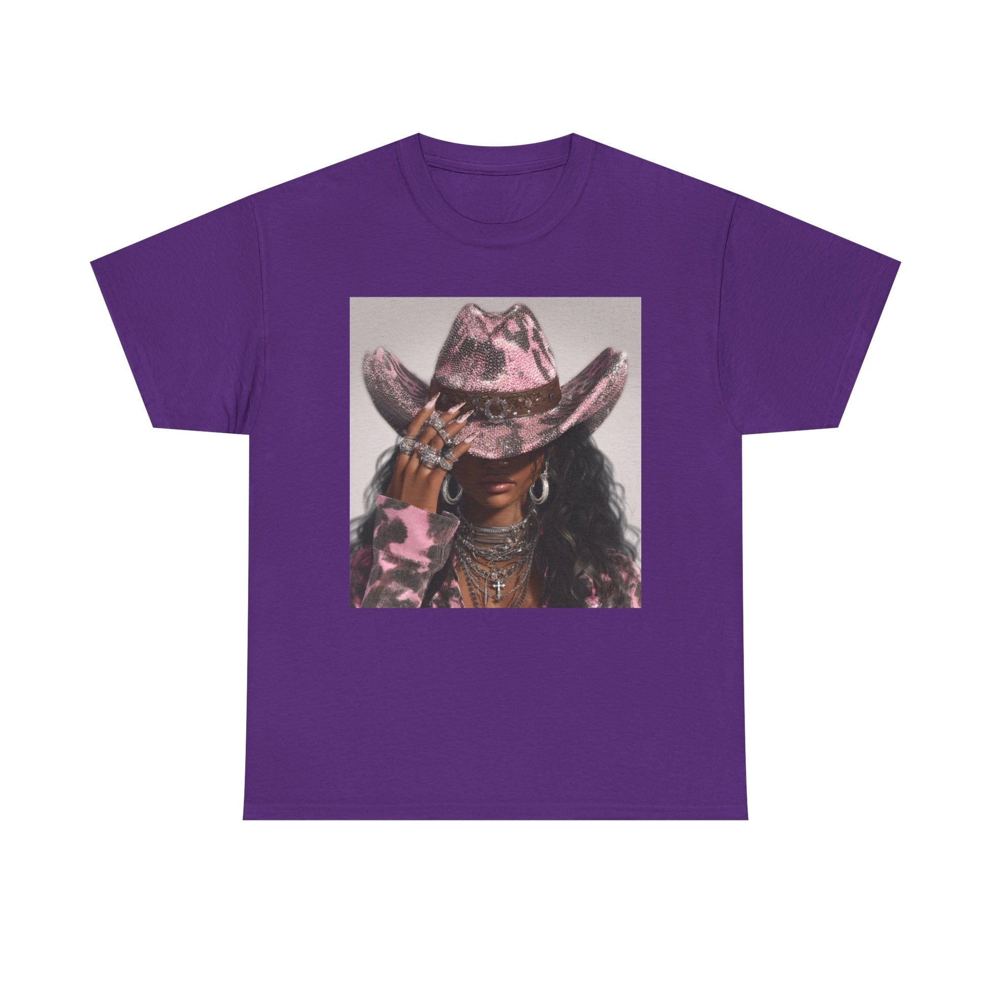 Purple t-shirt with a graphic of a person wearing a cowboy hat on a white background