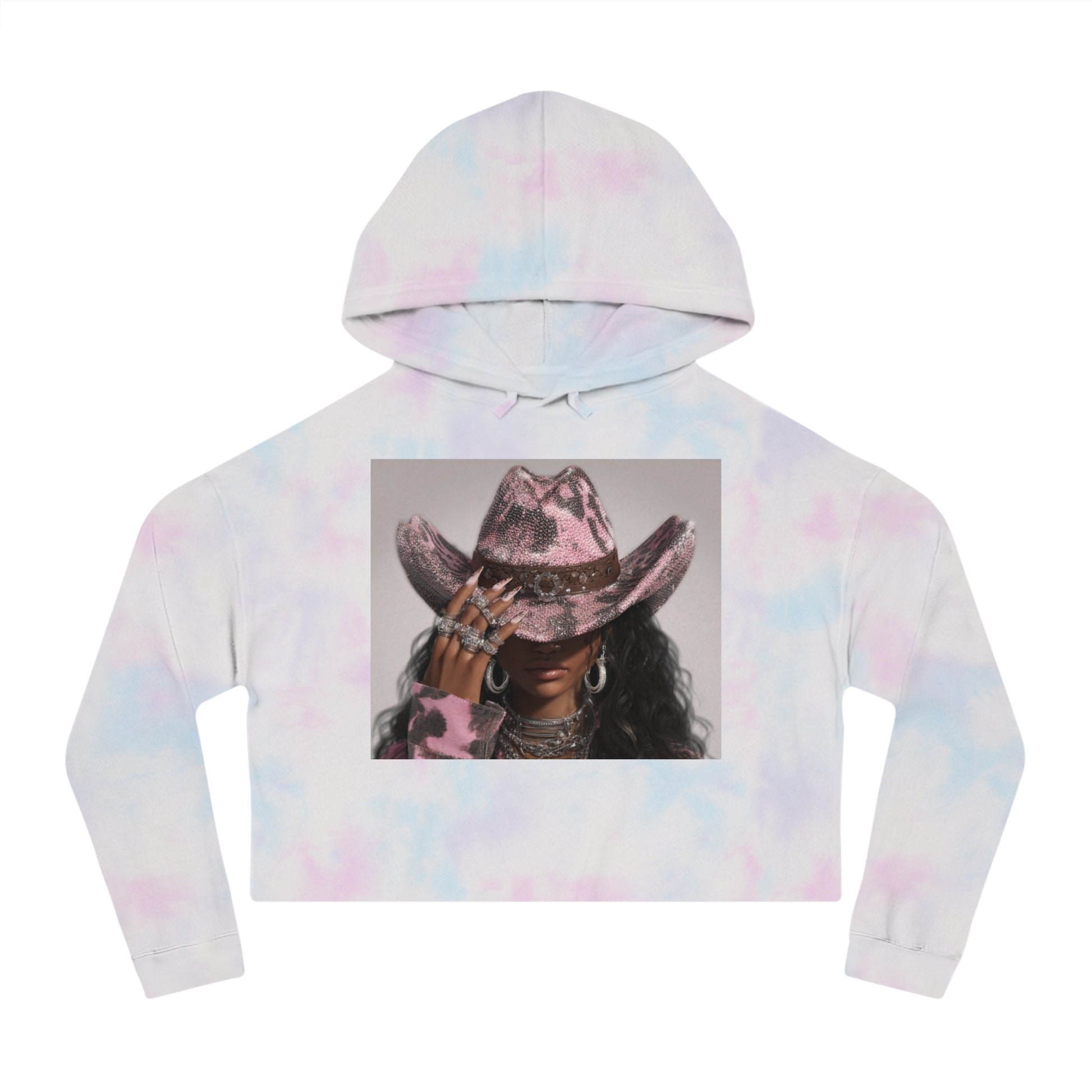Tie-dye hoodie with a graphic of a person wearing a cowboy hat on a white background