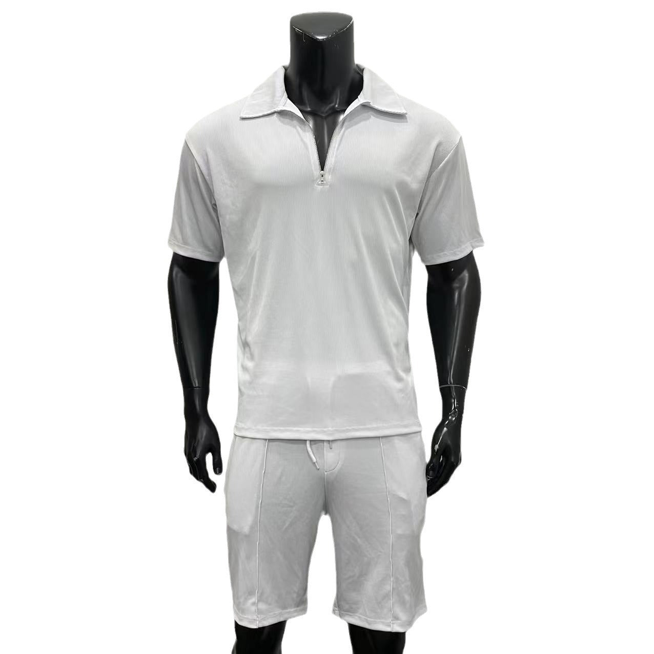 Casual Short Sleeve Zipper Polo Drawstring Men's Set